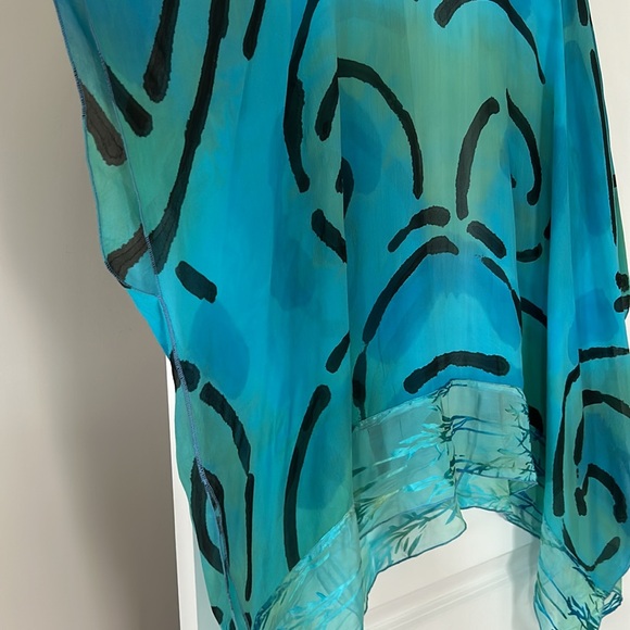 Hand-Painted Signed Open-Front Silk Kimono w Sheer Border Blue Green - Picture 11 of 12
